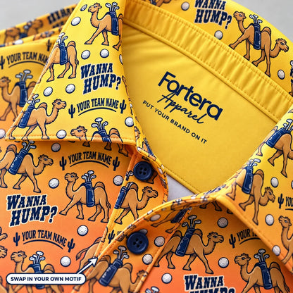 Close-up of the hump day camel print on the collar of a funny golf polo