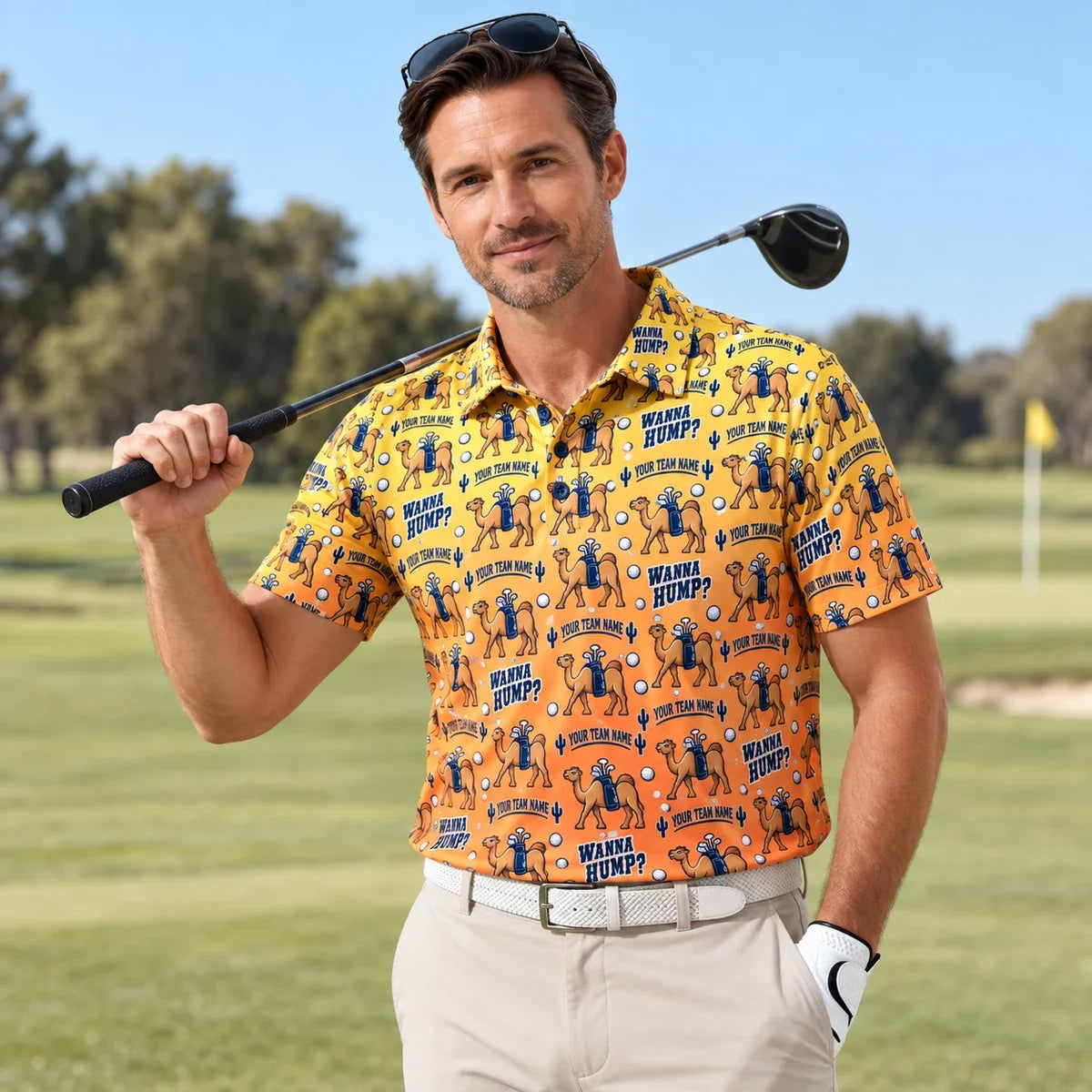 Man wearing the All Over Print Polo Shirt Hump Day Camel funny golf polo on a golf course