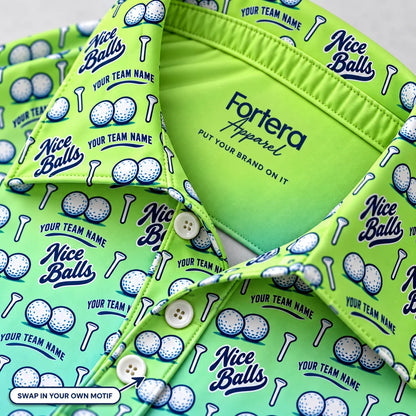 Close-up of the nice balls print on the collar of a funny golf polo