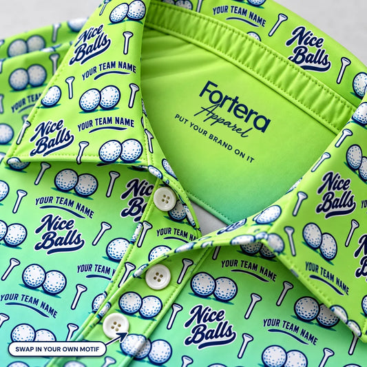 Close-up of the nice balls print on the collar of a funny golf polo