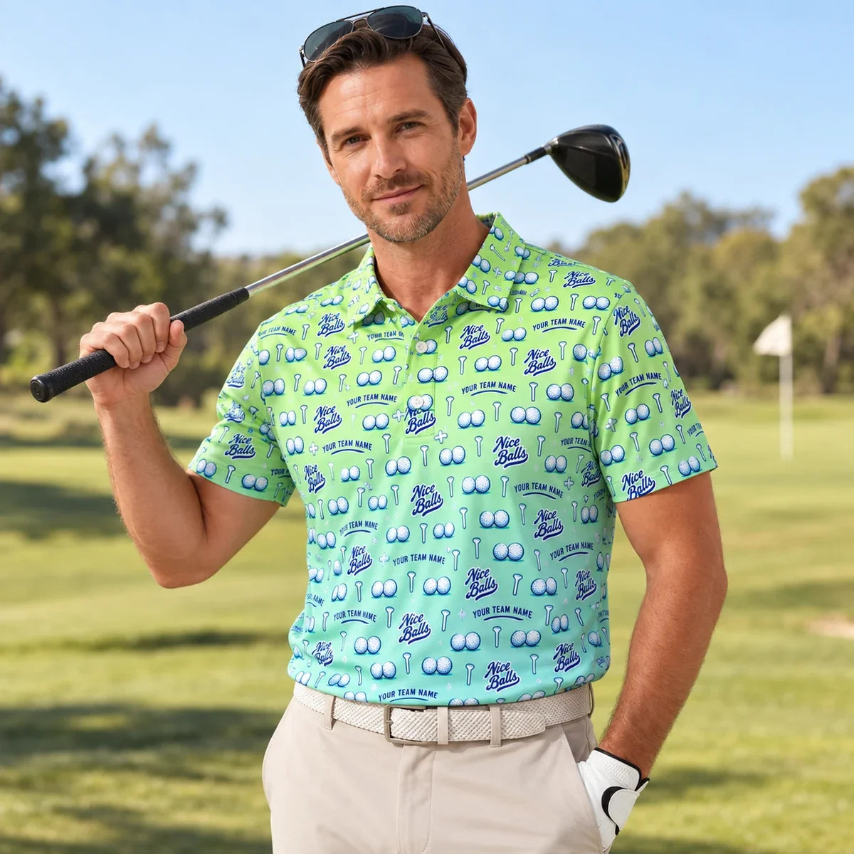 Man wearing the All Over Print Polo Shirt Nice Balls funny golf polo on a golf course