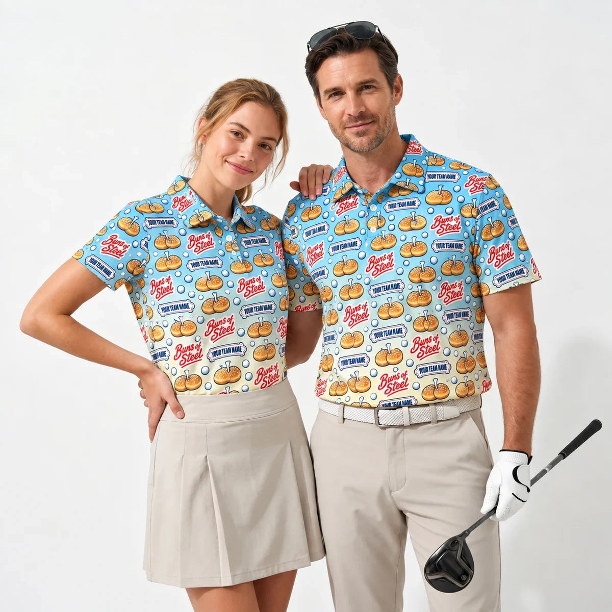 All Over Print Polo Shirt Nice Buns funny golf polo worn by two golfers