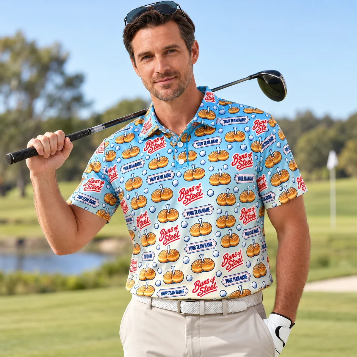 Man wearing the All Over Print Polo Shirt Nice Buns funny golf polo on a golf course