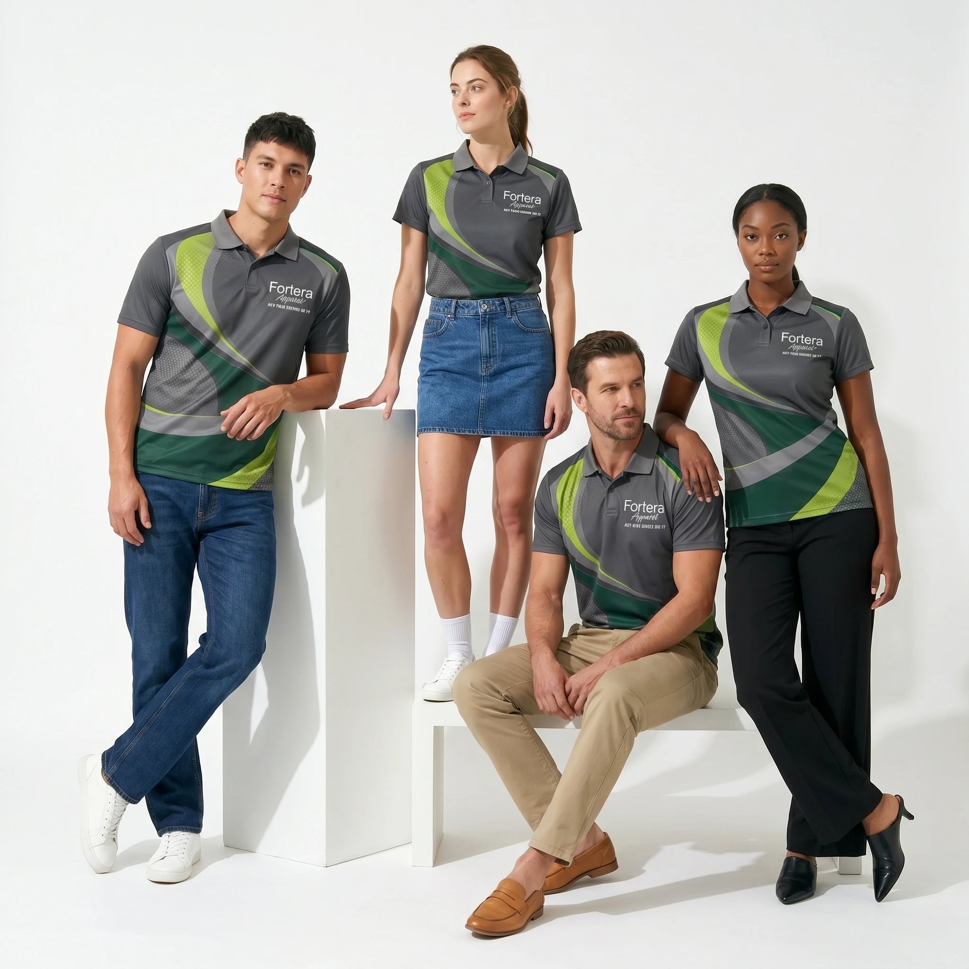 All Over Print Polo Shirt Swoosh Wave worn by sport team team in studio - Fortera Apparel