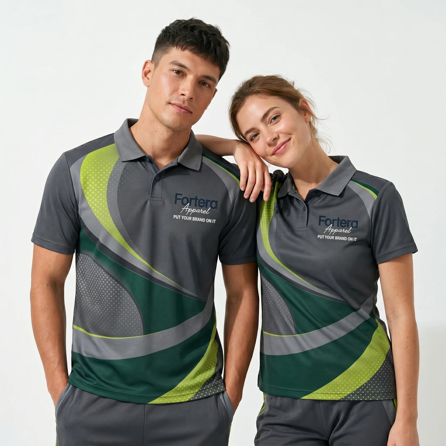 All Over Print Polo Shirt Swoosh Wave sport team uniform in corporate setting - Fortera Apparel