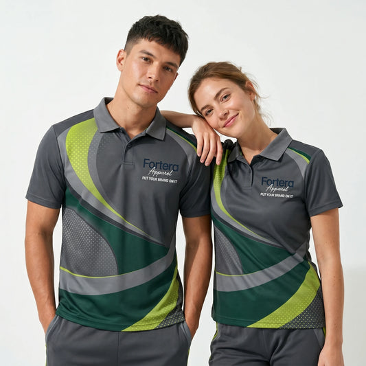 All Over Print Polo Shirt Swoosh Wave sport team uniform in corporate setting - Fortera Apparel