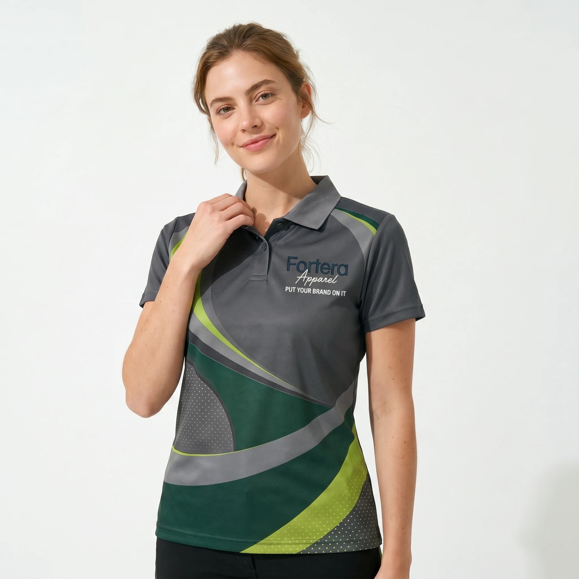 All Over Print Polo Shirt Swoosh Wave close-up chest logo placement - Fortera Apparel