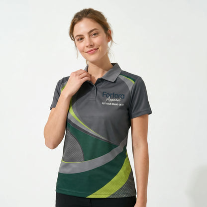 All Over Print Polo Shirt Swoosh Wave close-up chest logo placement - Fortera Apparel