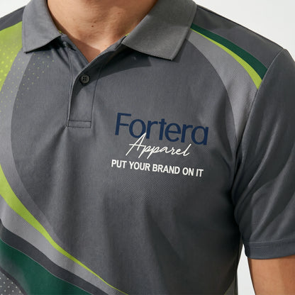 All Over Print Polo Shirt Swoosh Wave side angle detail - Fortera Apparel