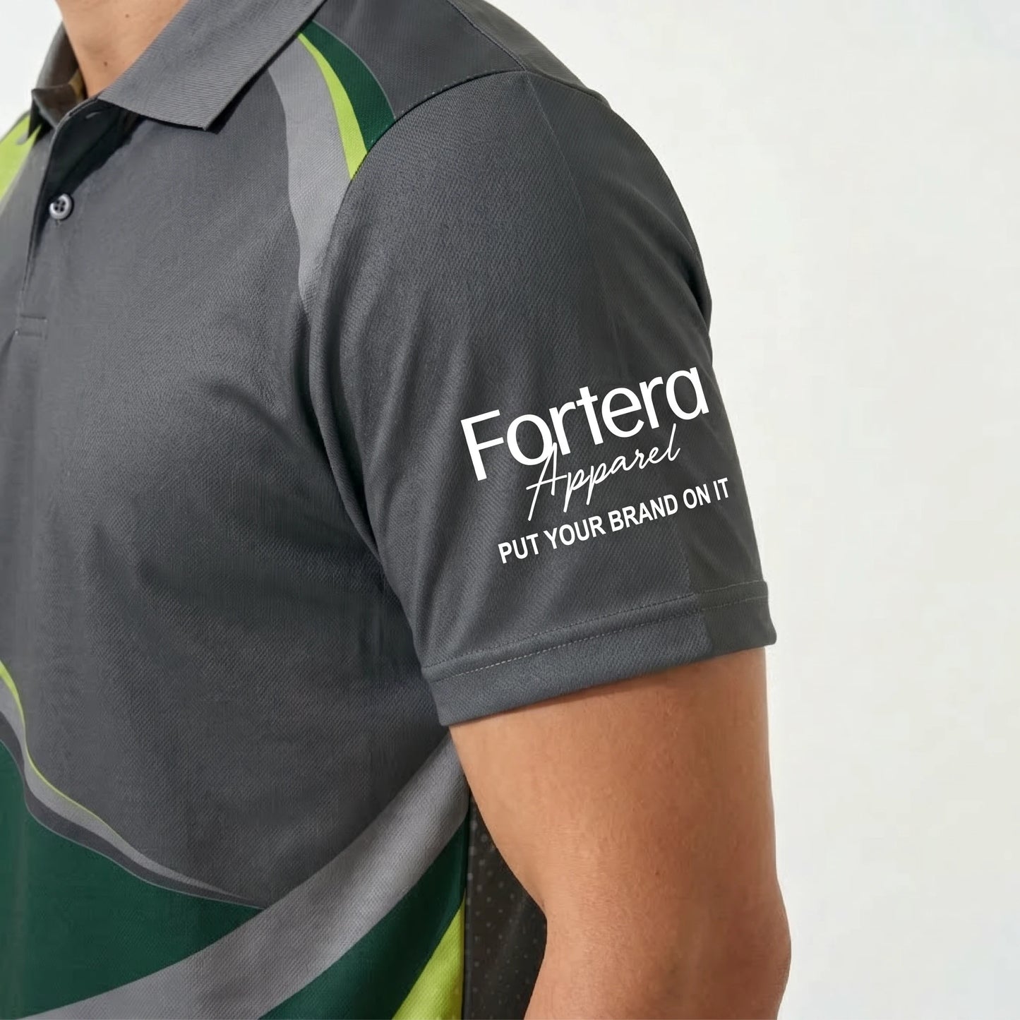 All Over Print Polo Shirt Swoosh Wave sleeve detail - Fortera Apparel