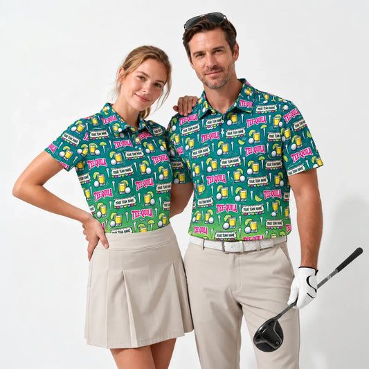 All Over Print Polo Shirt Tequila Shot funny golf polo worn by two golfers