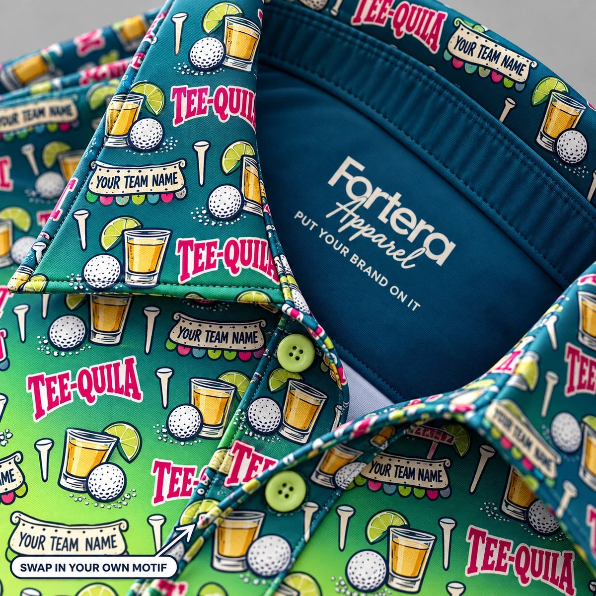 Close-up of the tequila shot print on the collar of a funny golf polo