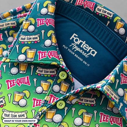 Close-up of the tequila shot print on the collar of a funny golf polo
