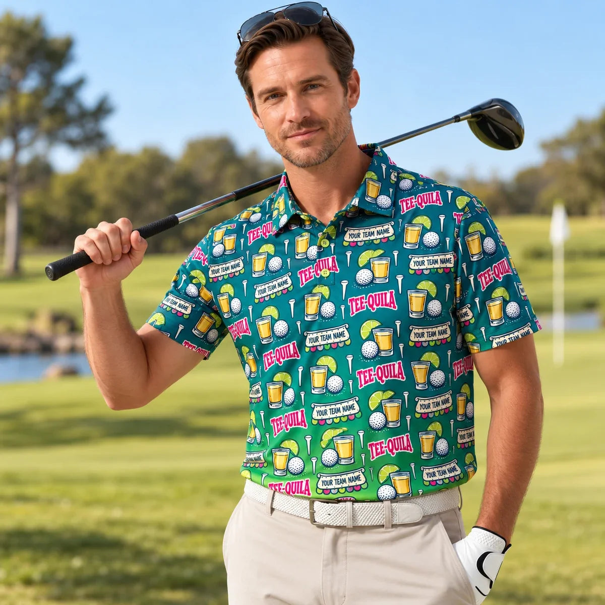 Man wearing the All Over Print Polo Shirt Tequila Shot funny golf polo on a golf course