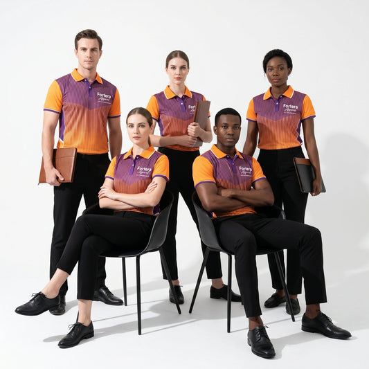 All Over Print Polo Shirt Vertical Ombre Stripe worn by team in studio - Fortera Apparel