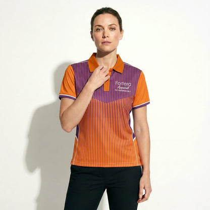 All Over Print Polo Shirt Vertical Ombre Stripe close-up chest logo placement - Fortera Apparel