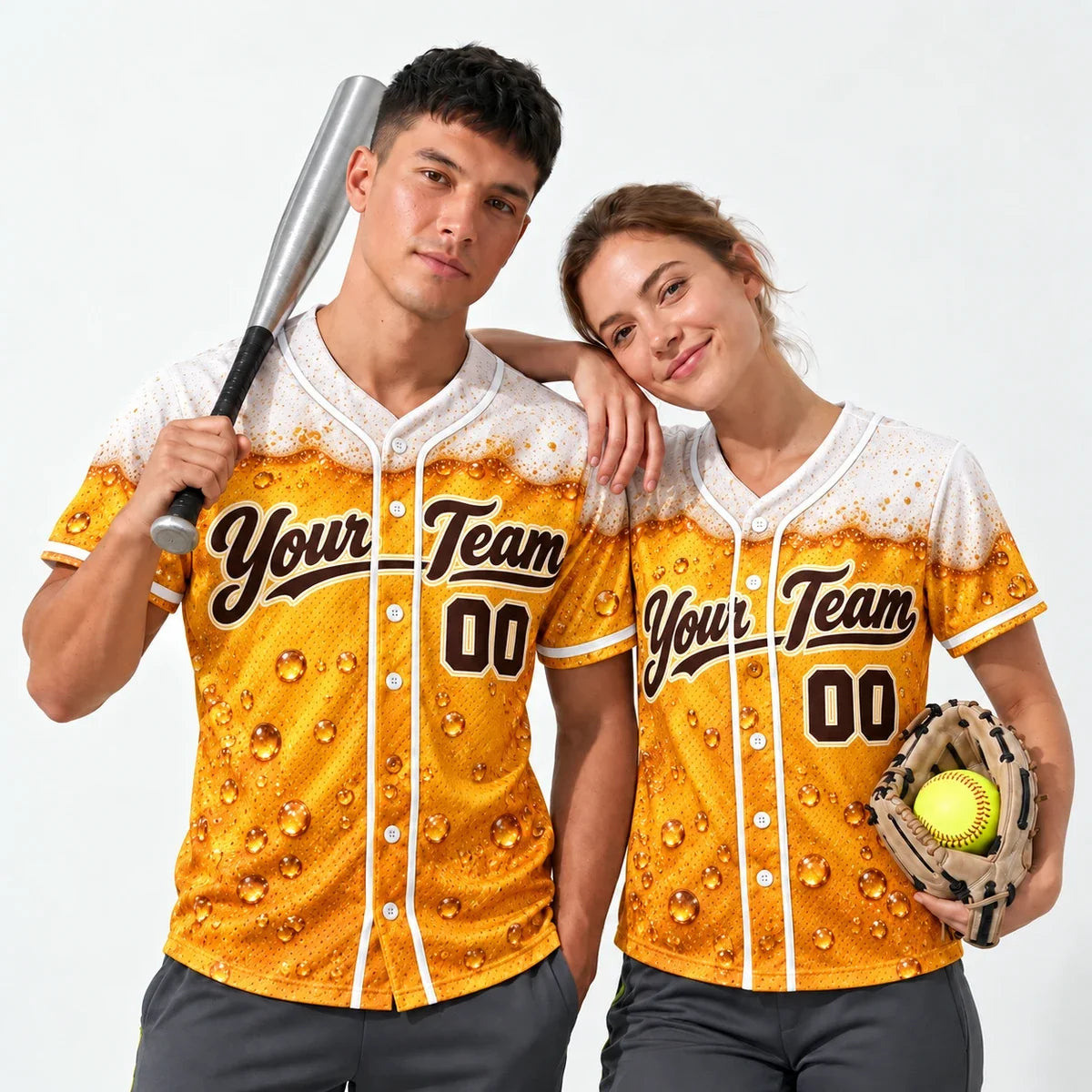 Beer League funny softball jersey worn by a baseball player and a softball player