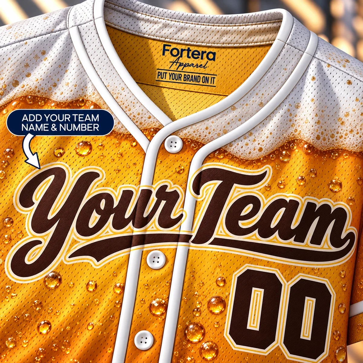 Close-up of the Beer League funny softball jersey lettering and piping