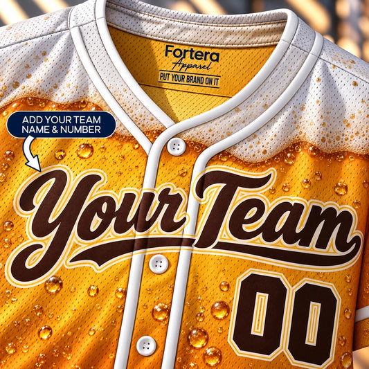 Close-up of the Beer League funny softball jersey lettering and piping