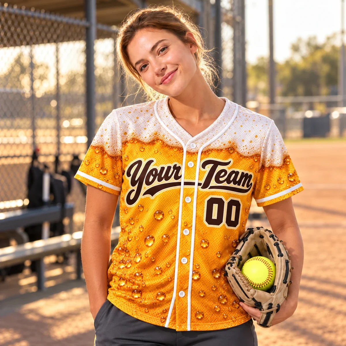 Beer League funny softball jersey on a softball field