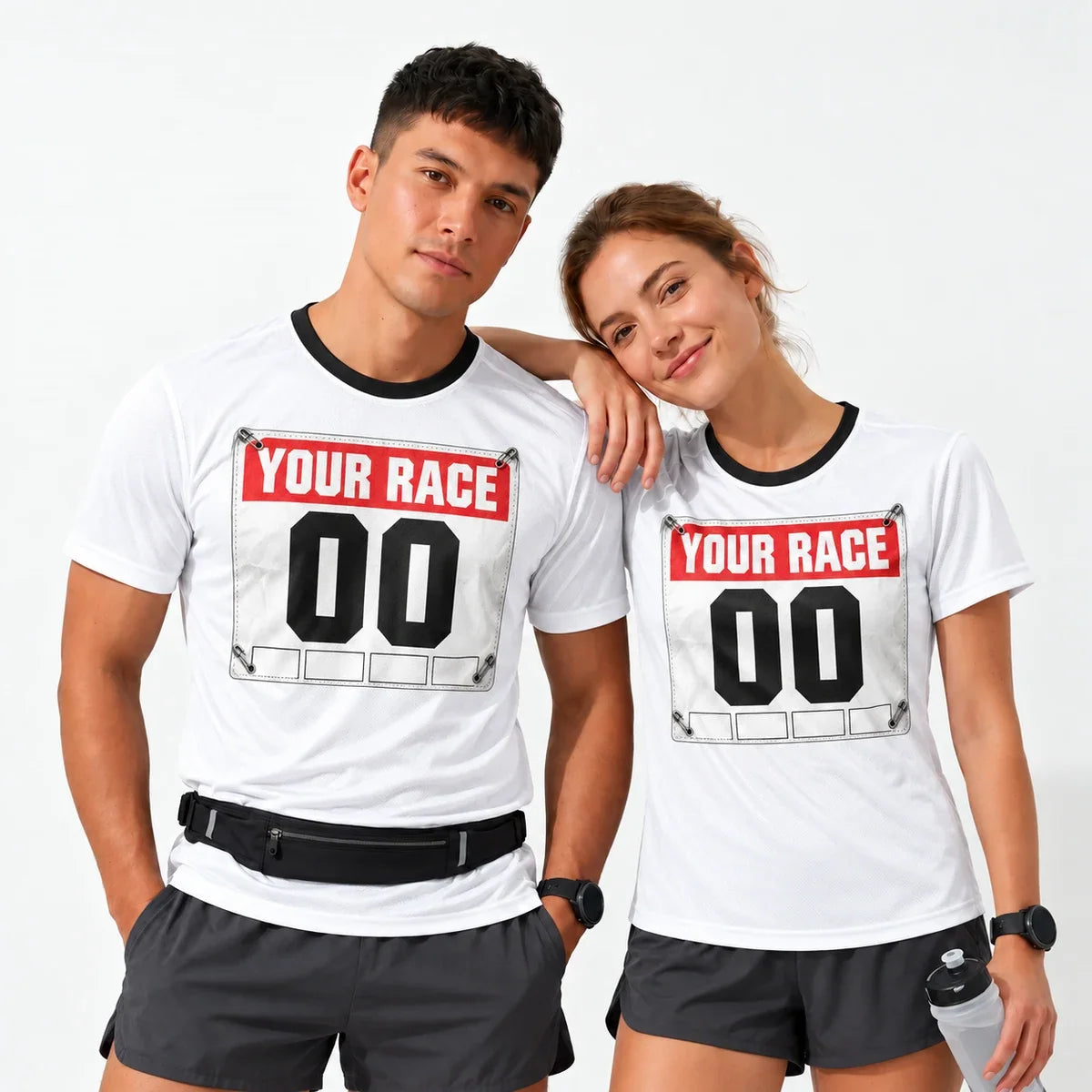 Bib Number Race Day Shirt worn by a man and a woman