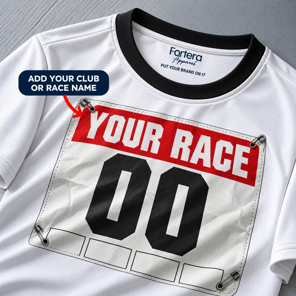 Close-up of the Bib Number Race Day Shirt design and neck label