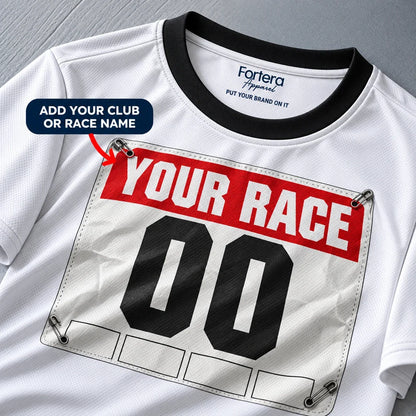 Close-up of the Bib Number Race Day Shirt design and neck label