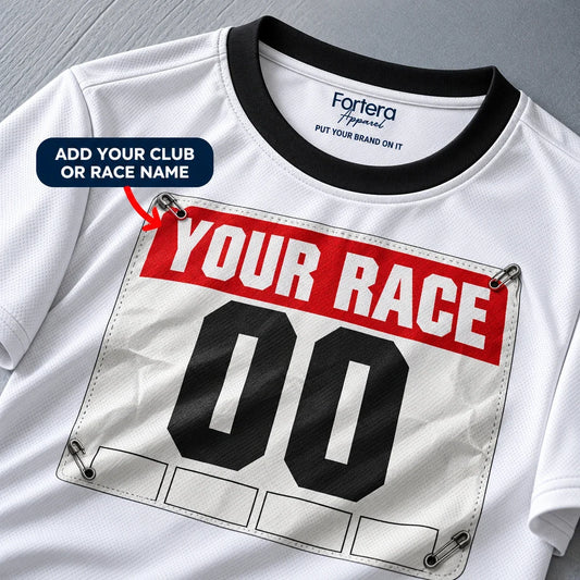 Close-up of the Bib Number Race Day Shirt design and neck label