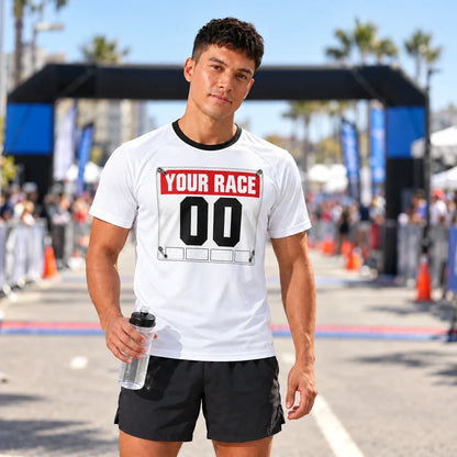 Runner wearing the Bib Number Race Day Shirt at a race finish line