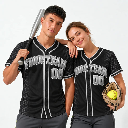 Blackout Chrome black baseball jersey worn by a baseball player and a softball player
