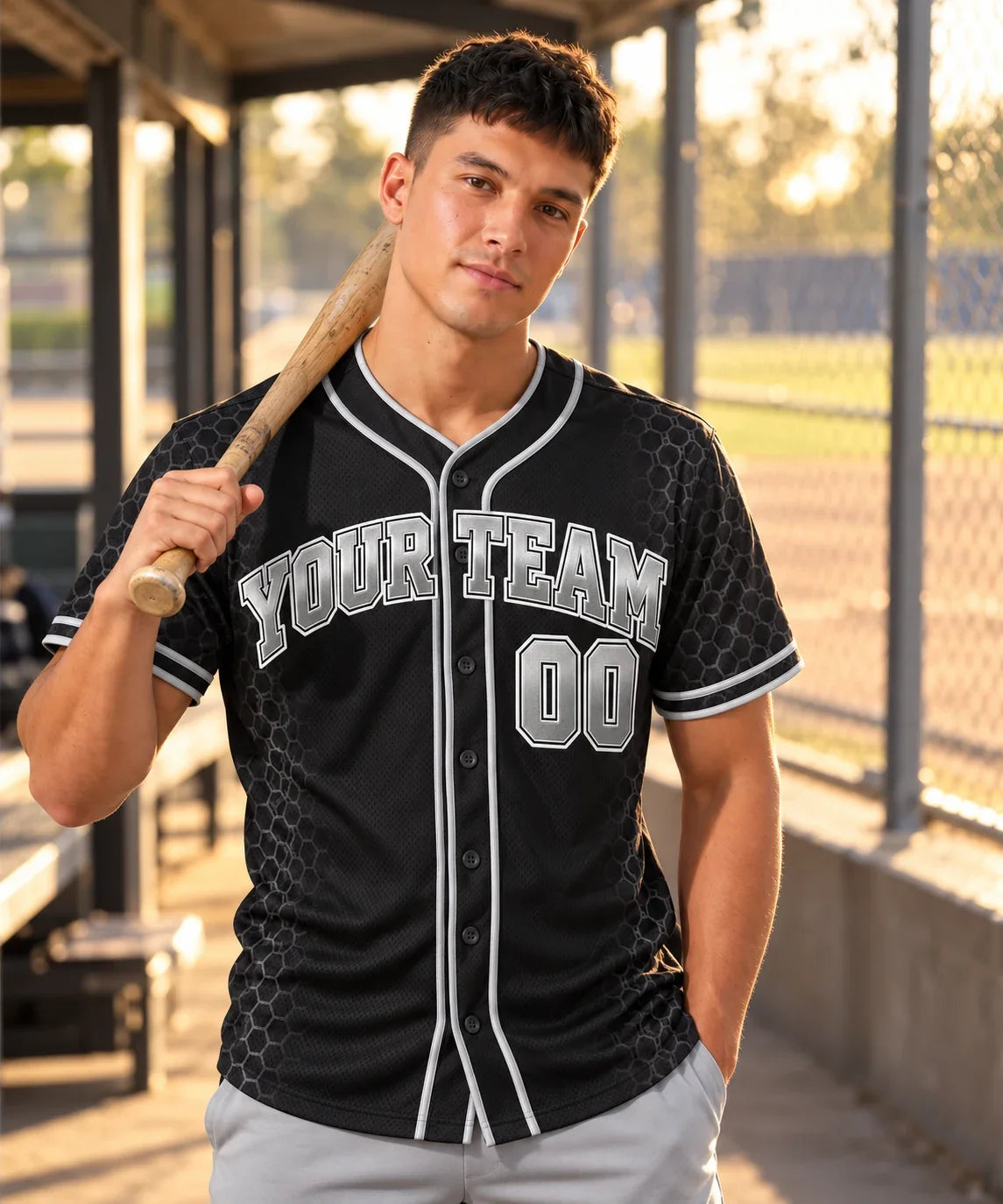 Blackout Chrome black baseball jersey on a baseball field