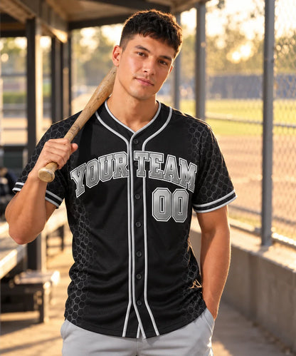 Blackout Chrome black baseball jersey on a baseball field