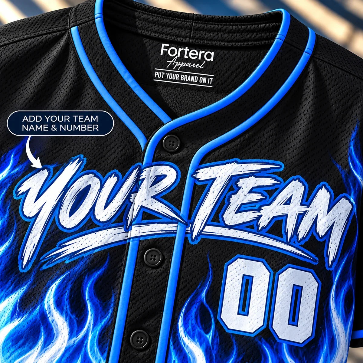Close-up of the Blue Flame cool softball jersey lettering and piping