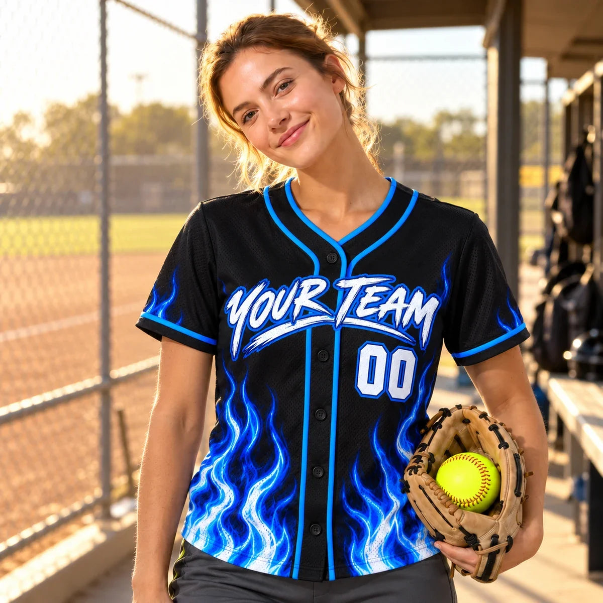 Blue Flame cool softball jersey on a softball field