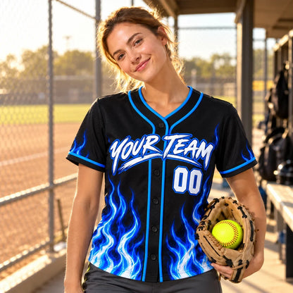 Blue Flame cool softball jersey on a softball field