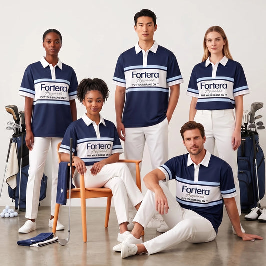 Team wearing matching branded navy stripe custom polo shirts with logo