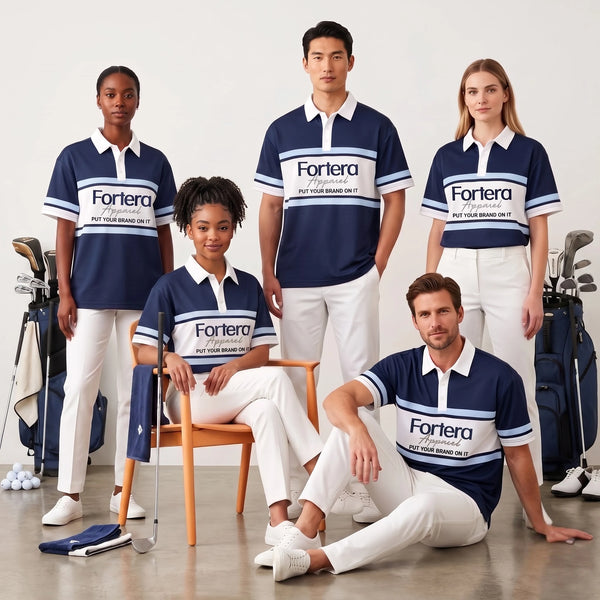 Team wearing matching branded navy stripe custom polo shirts with logo