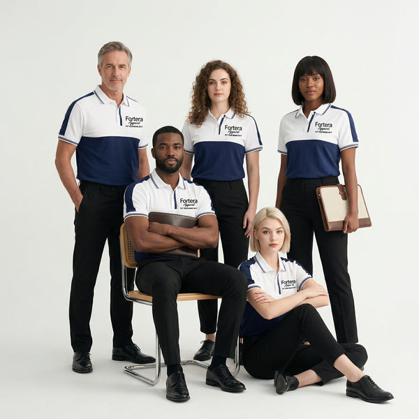 White and navy bulk embroidered polo shirt with bold color block design