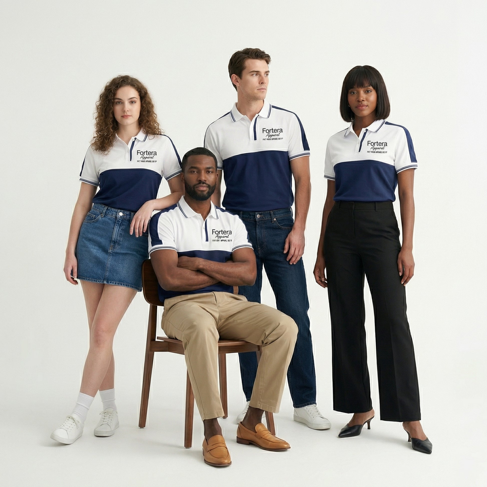 White and navy bulk embroidered polo shirt with bold color block design - back view