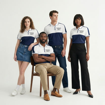 White and navy bulk embroidered polo shirt with bold color block design - back view