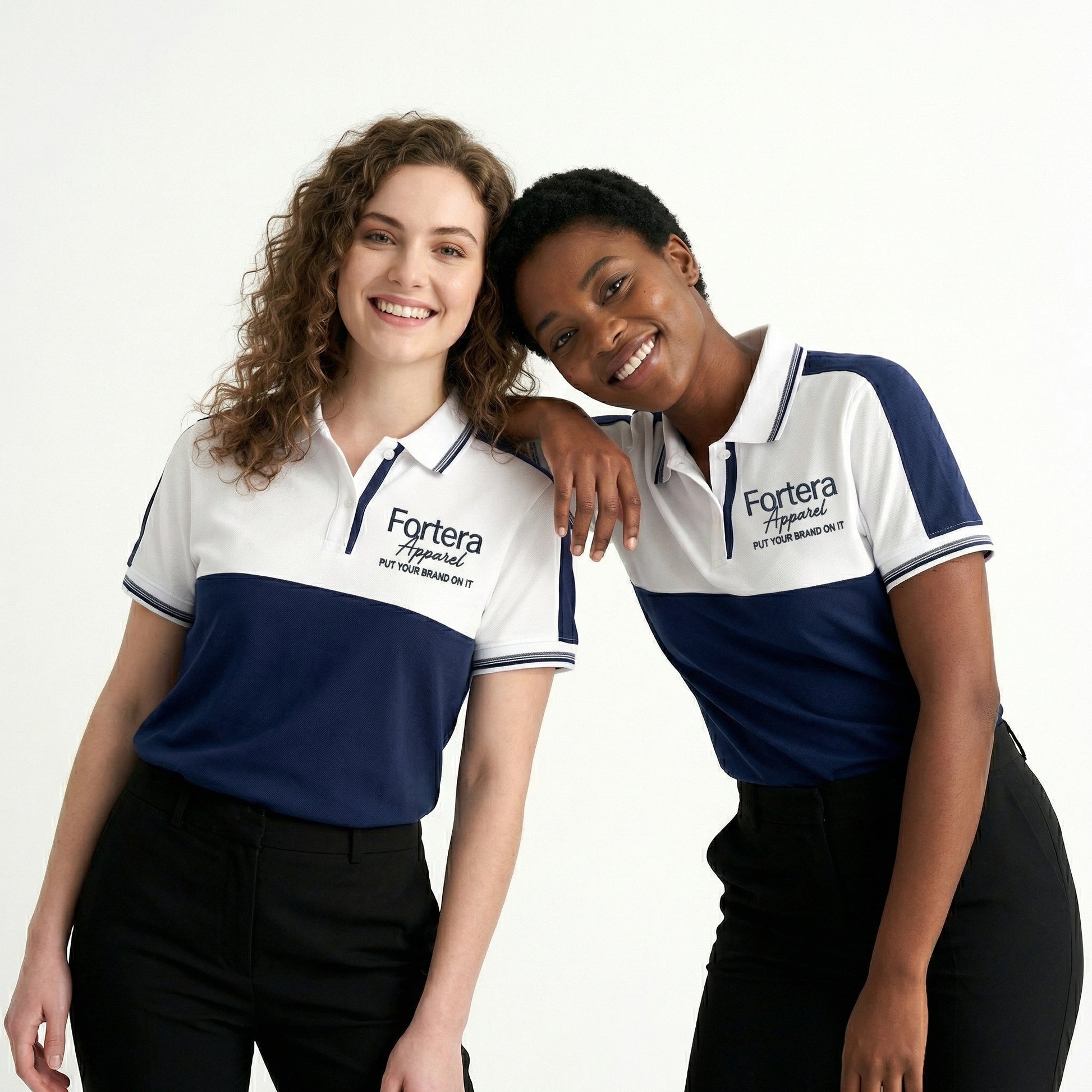 White and navy bulk embroidered polo shirt with bold color block design - side view