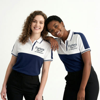 White and navy bulk embroidered polo shirt with bold color block design - side view