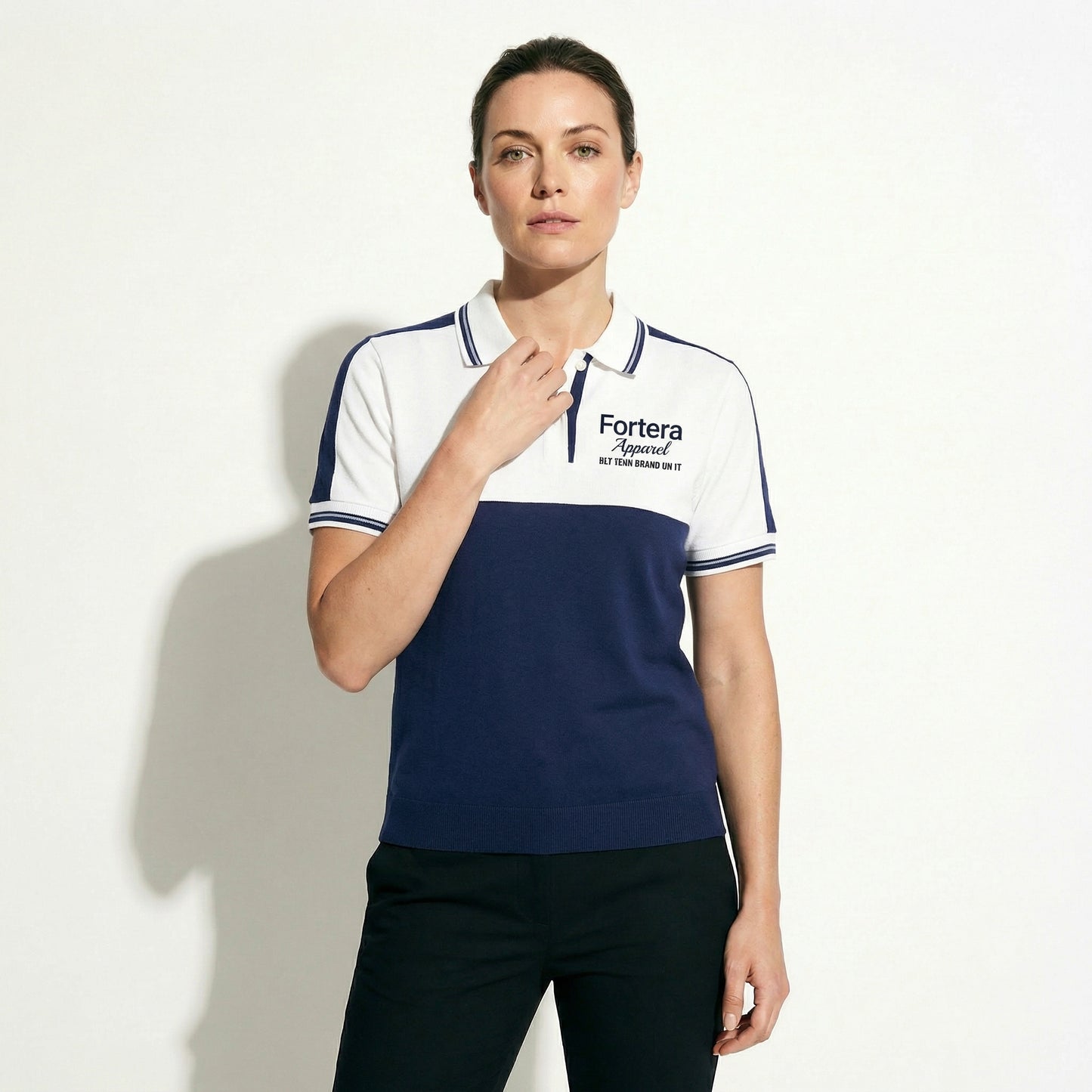 White and navy bulk embroidered polo shirt with bold color block design - detail close-up