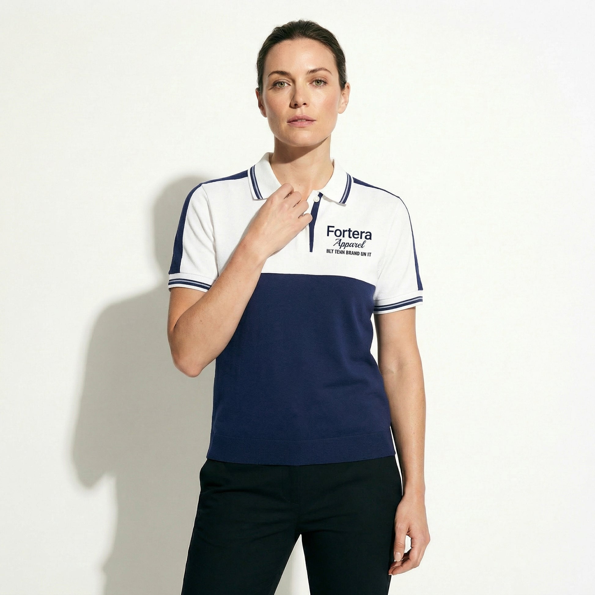 White and navy bulk embroidered polo shirt with bold color block design - detail close-up