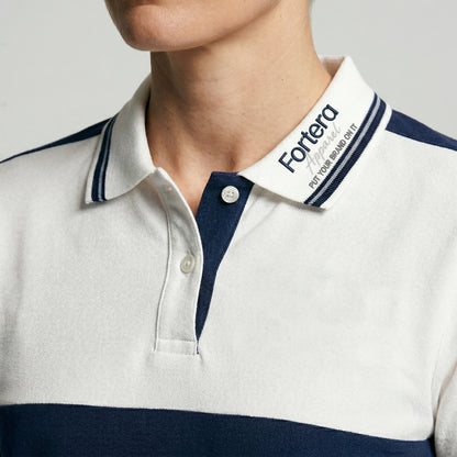 White and navy bulk embroidered polo shirt with bold color block design - logo embroidery detail