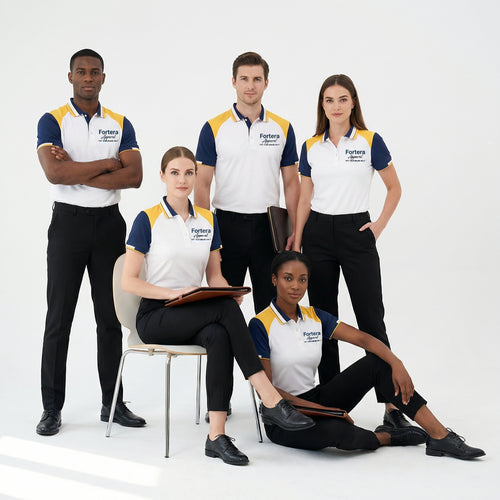 White bulk embroidered polo shirt with navy and yellow shoulder block