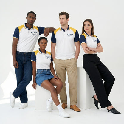 White bulk embroidered polo shirt with navy and yellow shoulder block - back view