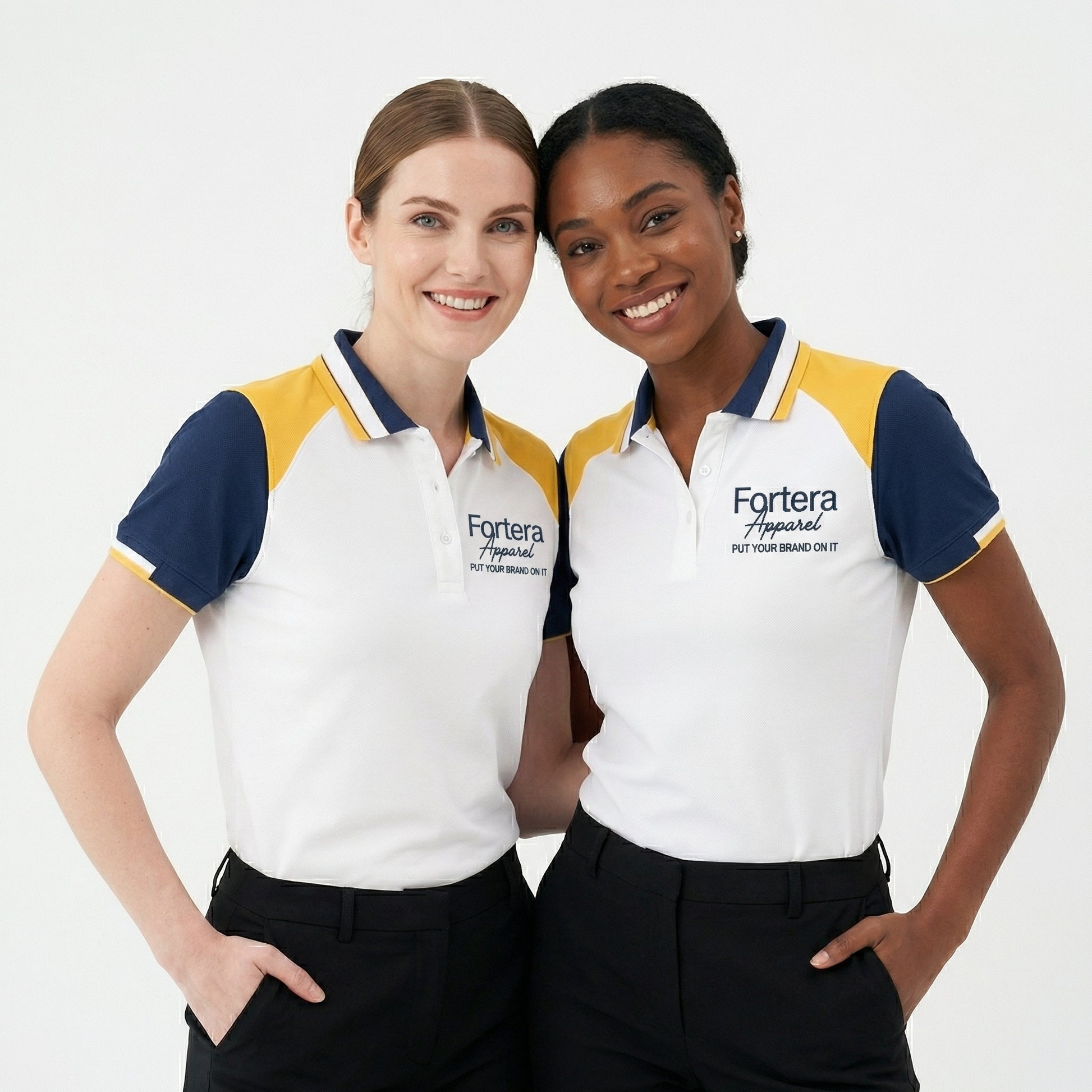 White bulk embroidered polo shirt with navy and yellow shoulder block - side view