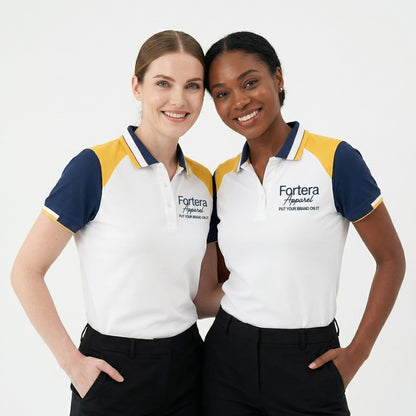 White bulk embroidered polo shirt with navy and yellow shoulder block - side view