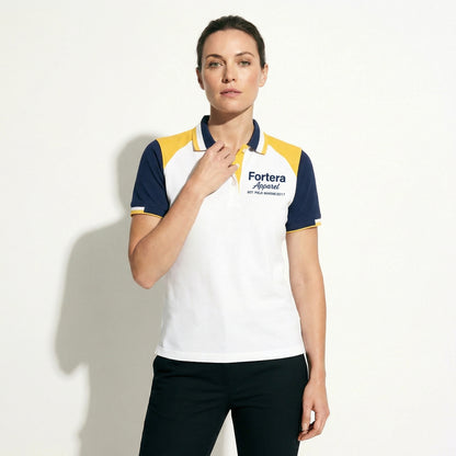 White bulk embroidered polo shirt with navy and yellow shoulder block - detail close-up